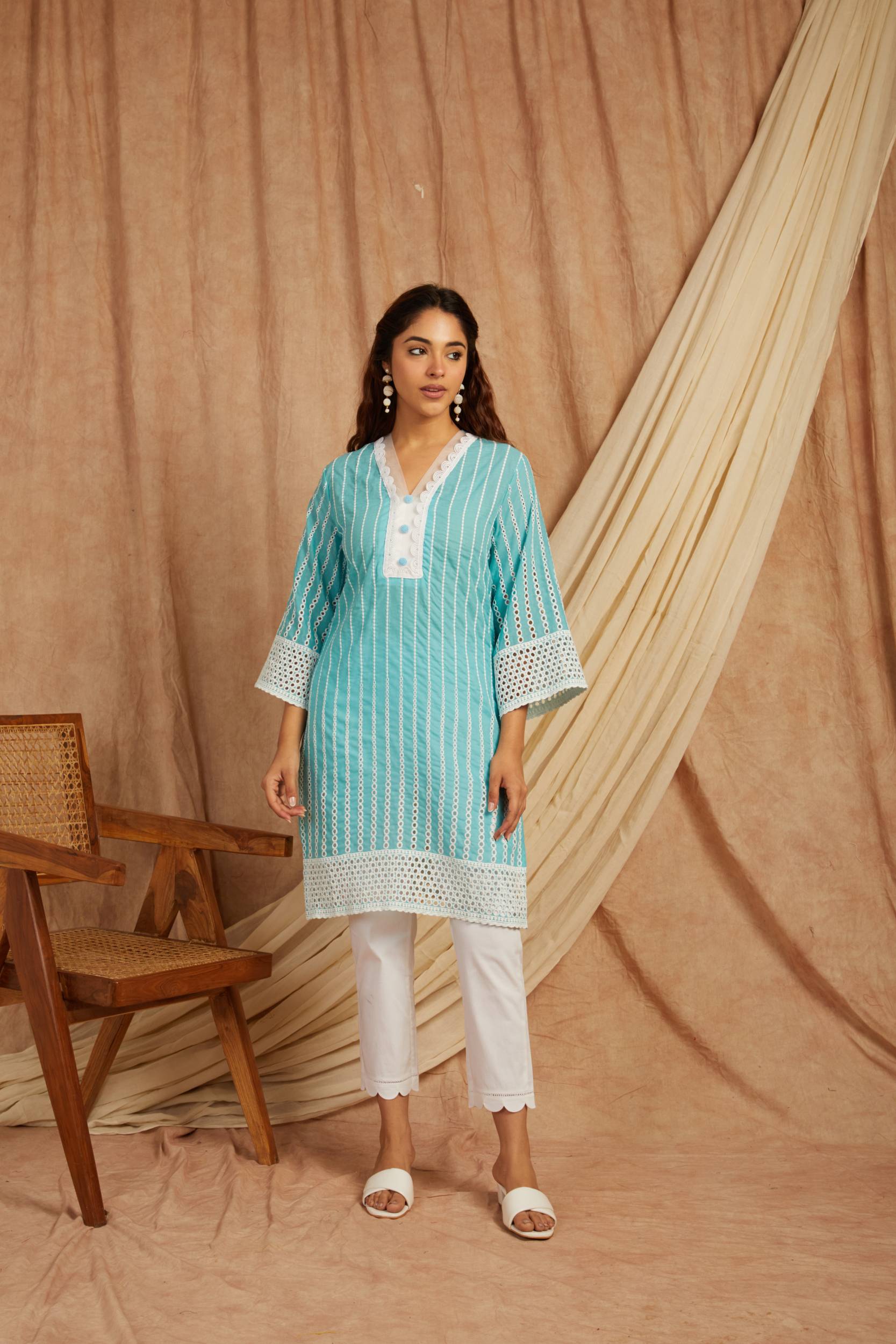 Turquoise Self Adorned Co Ord Set - Set of 2