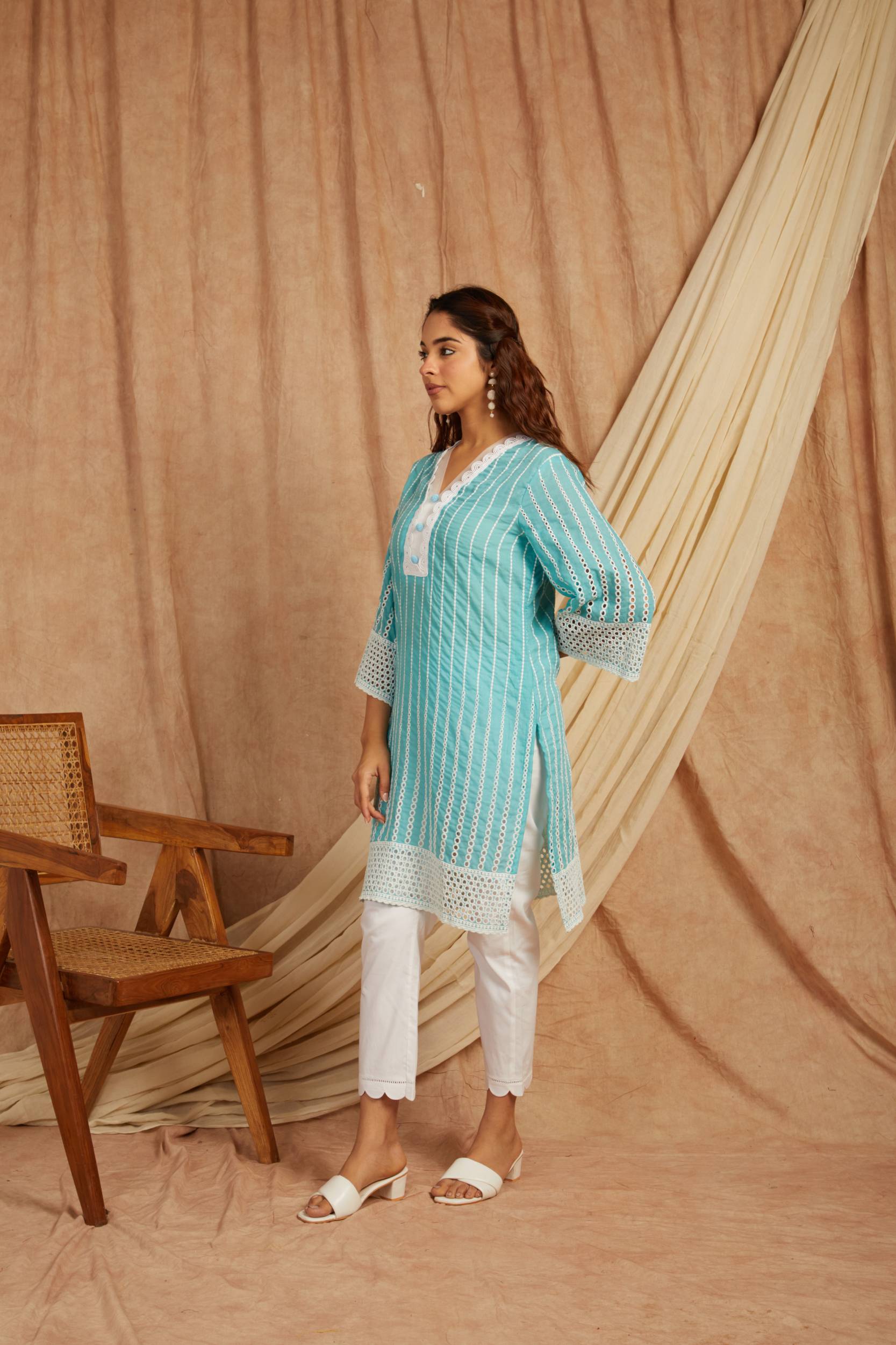 Turquoise Self Adorned Co Ord Set - Set of 2