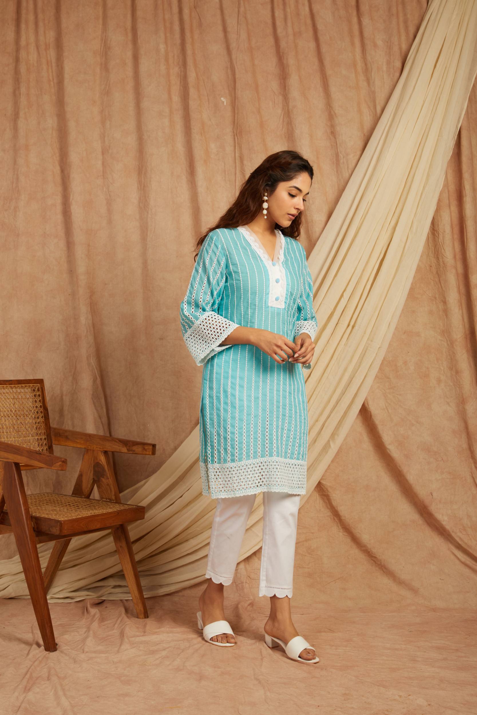 Turquoise Self Adorned Co Ord Set - Set of 2