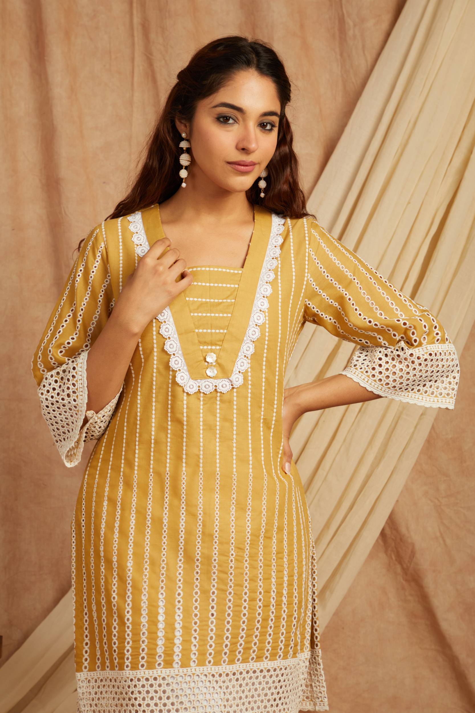 Mustard Self Adorned Co Ord Set - Set of 2