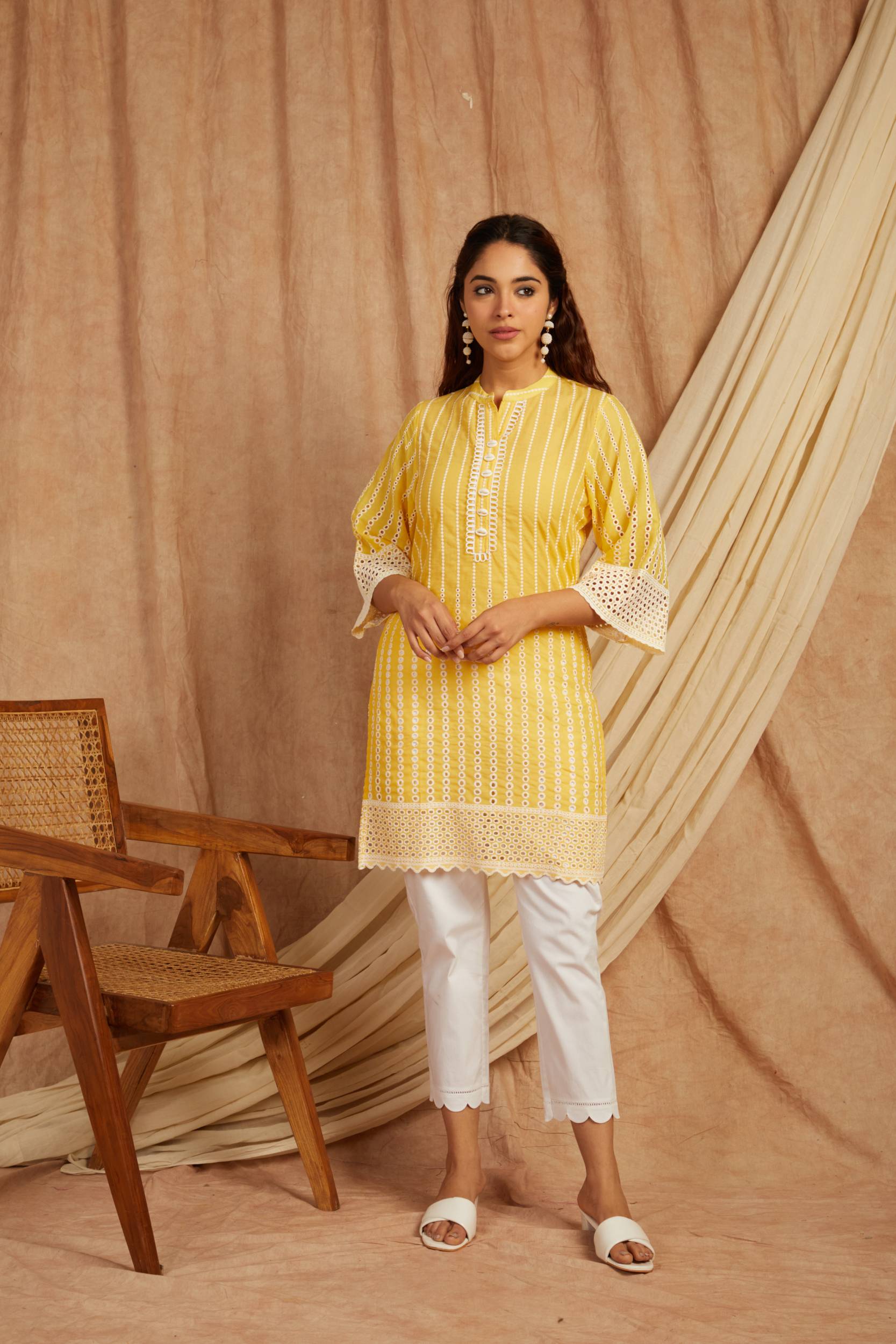 Yellow Self Adorned Co Ord Set - Set of 2