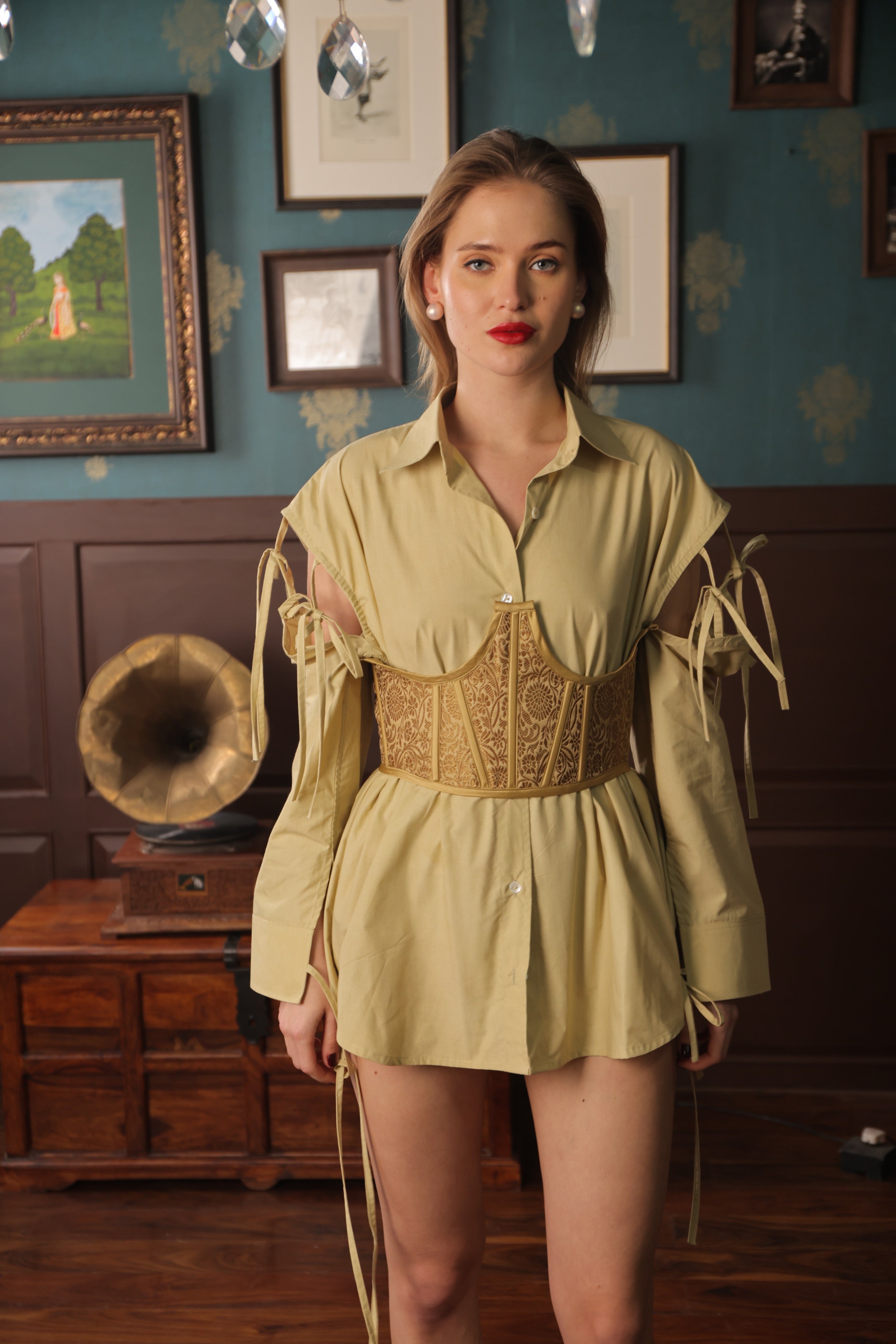 BEIGE TIE UP COTTON SHIRT