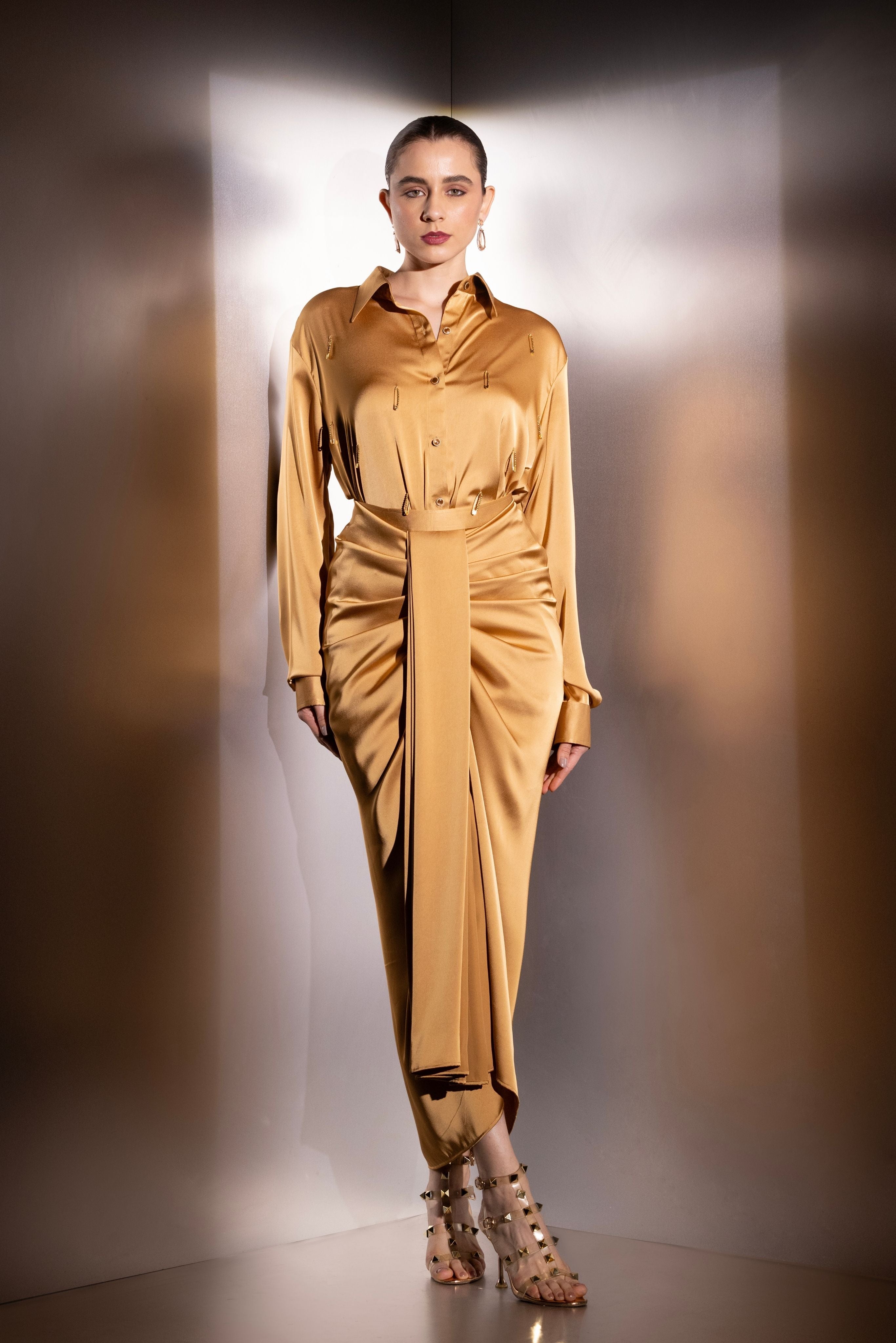 Aurelia Satin Shirt & Front-Pleat Skirt Set