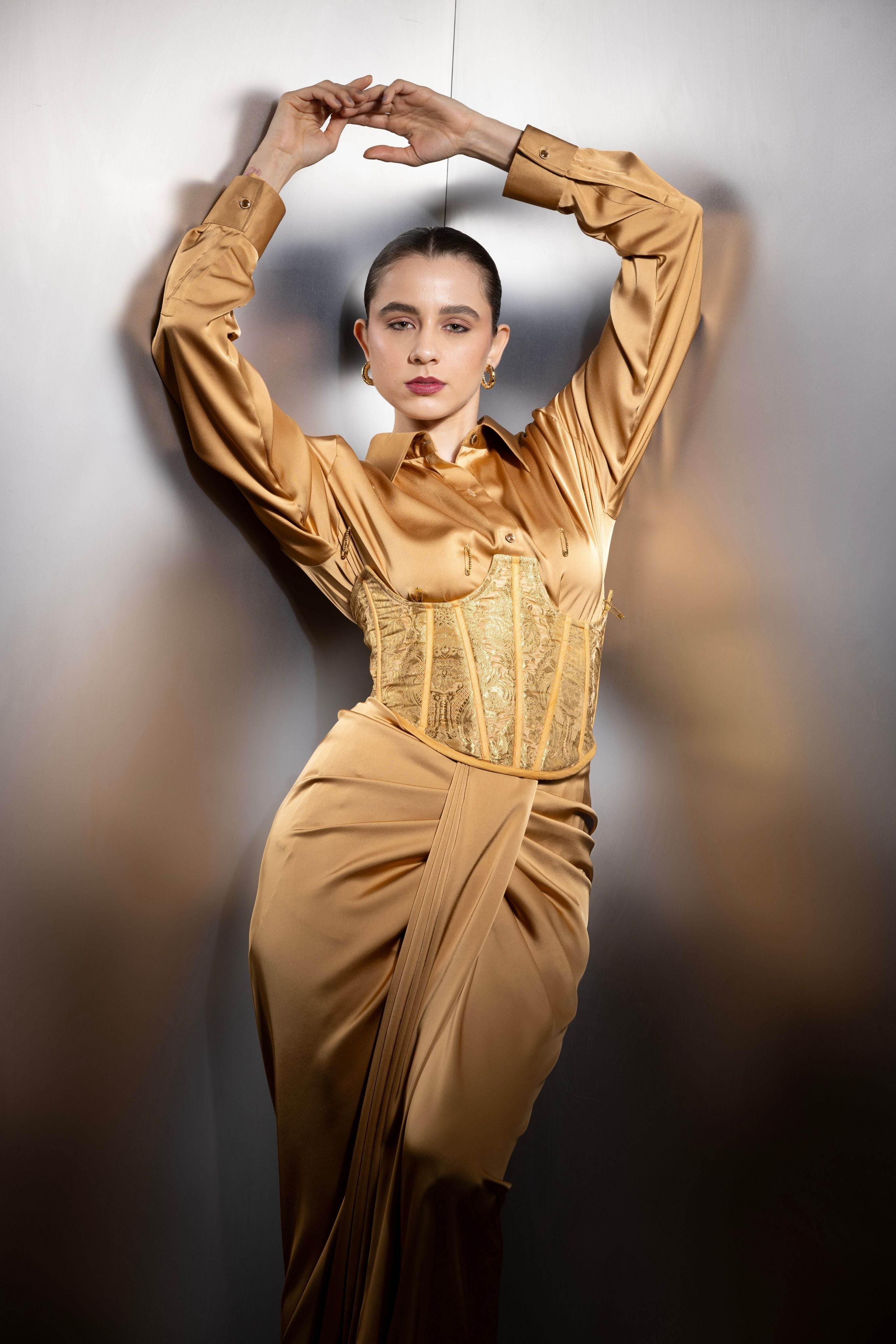 Aurelia Embellished Satin Shirt & Front-Pleat Skirt Set