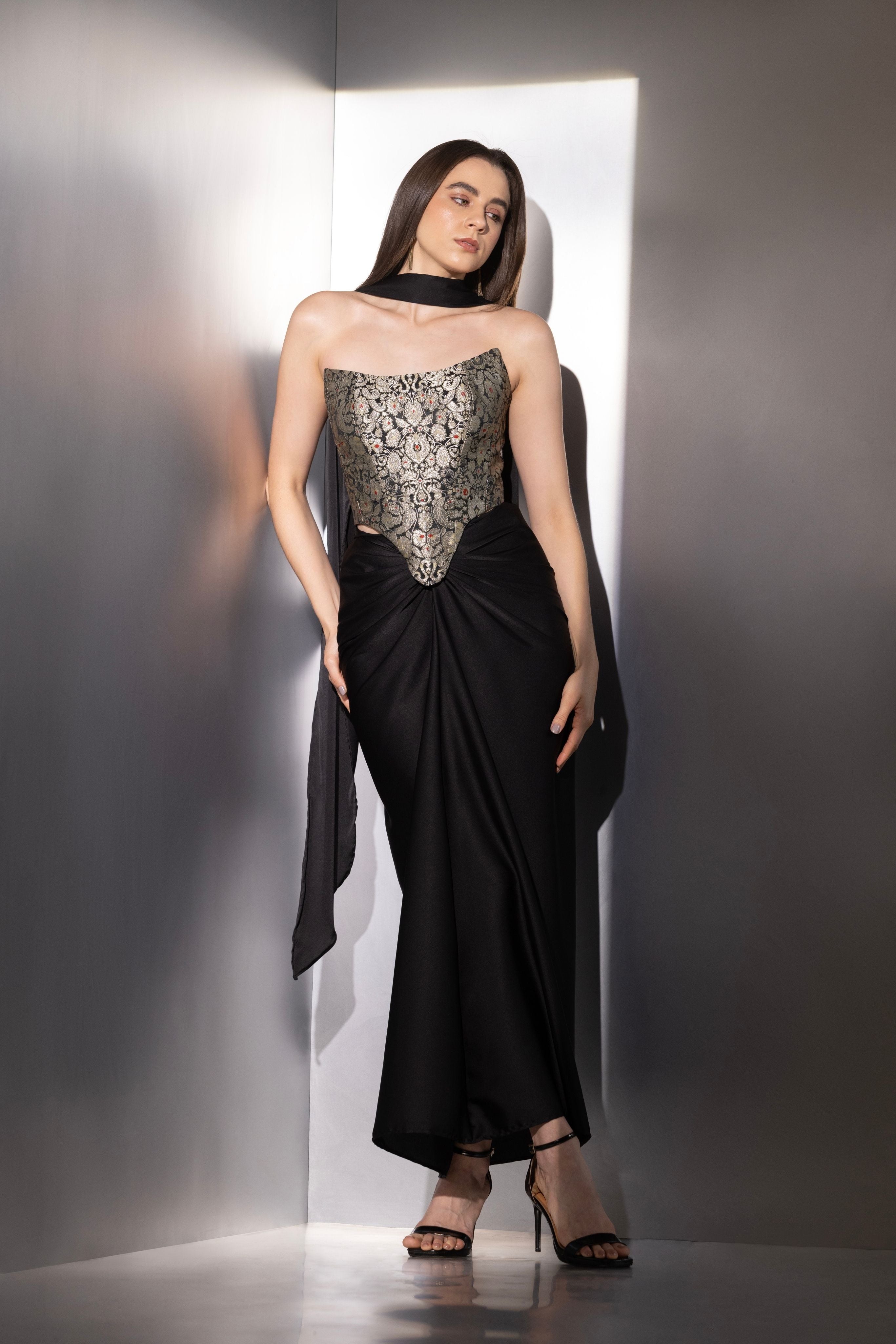 Black Contour Drape Corset Set