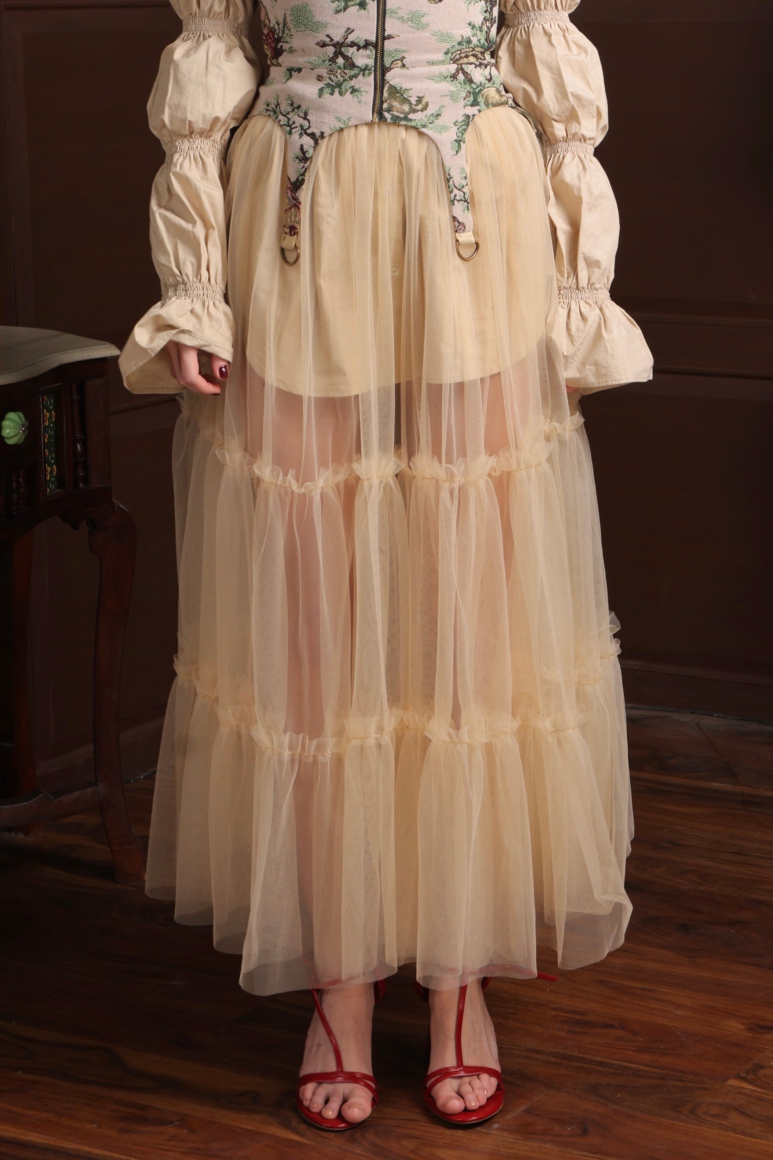 BEIGE TULLE LAYERED LONG SKIRT