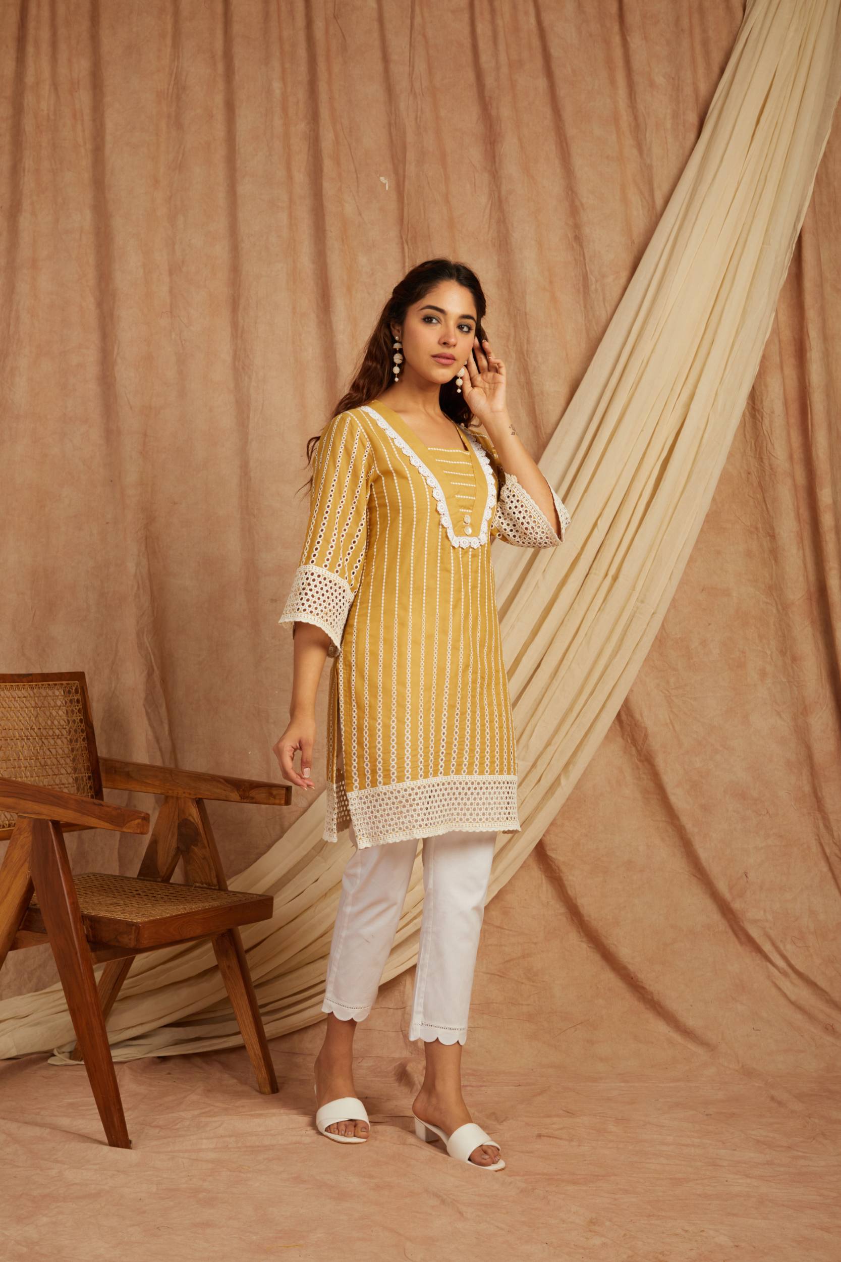 Mustard Self Adorned Co Ord Set - Set of 2