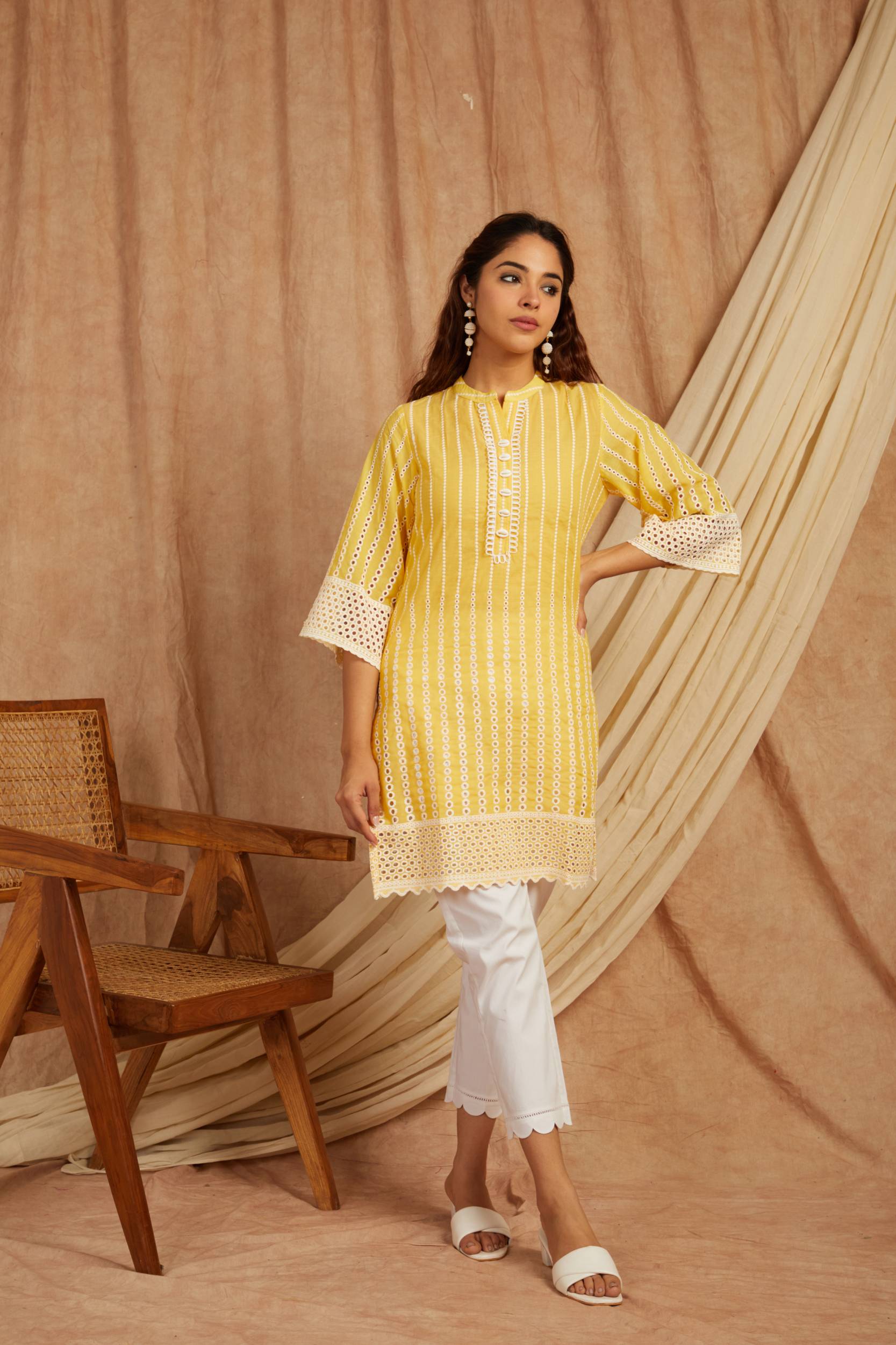 Yellow Self Adorned Co Ord Set - Set of 2