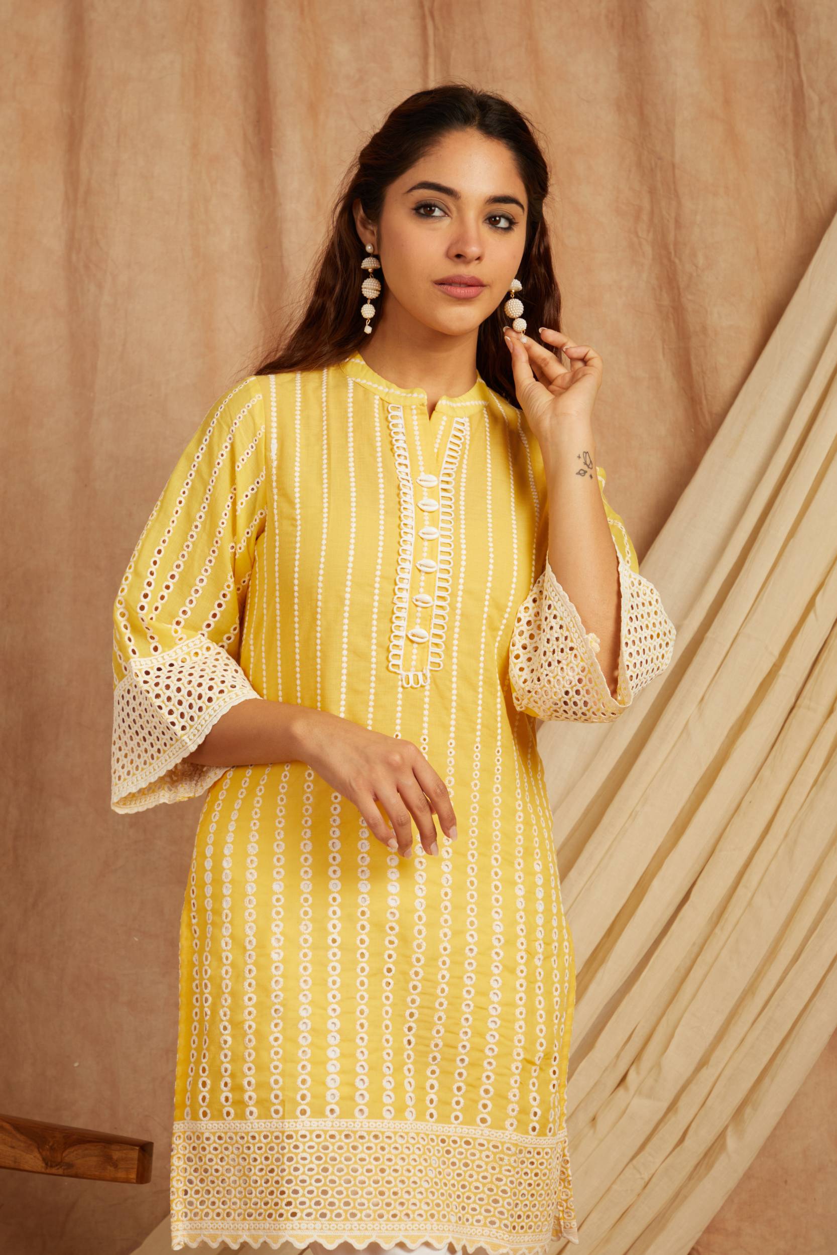 Yellow Self Adorned Co Ord Set - Set of 2