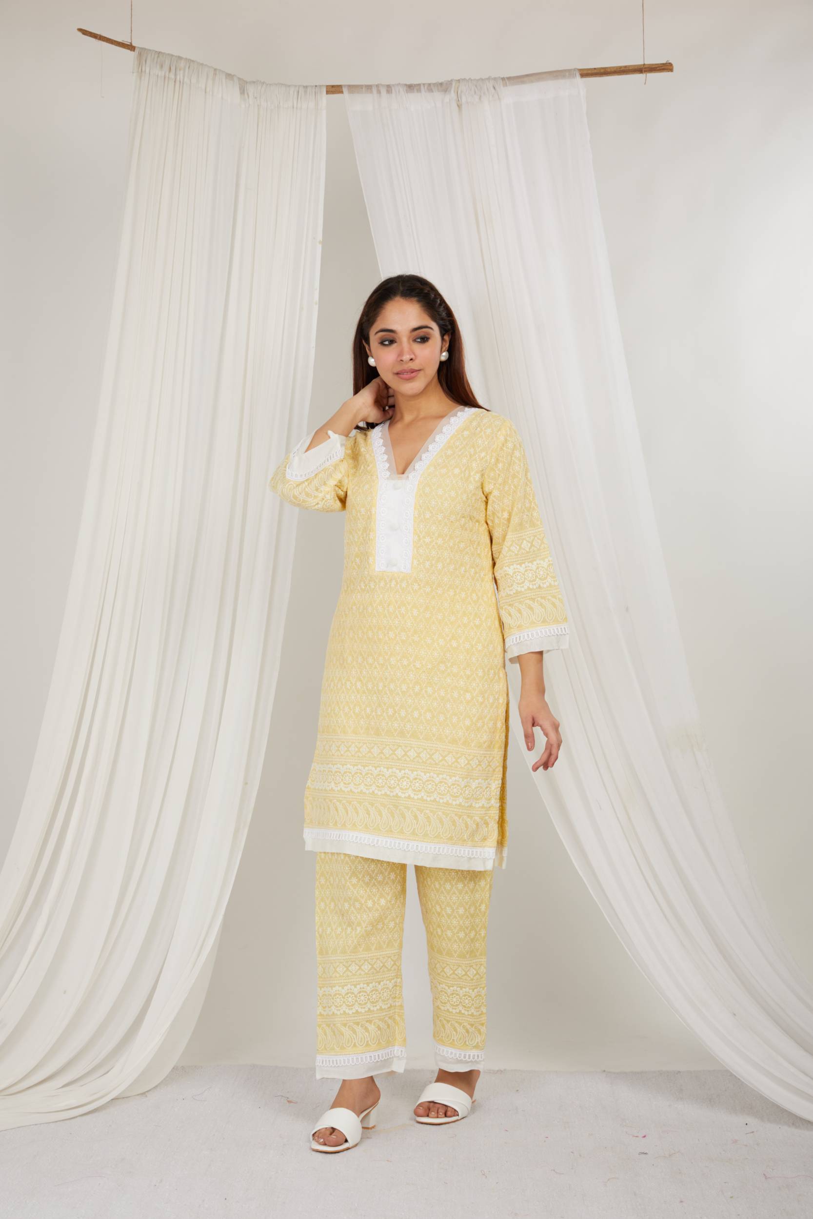 LEMON THREAD EMBROIDERED COTTON CO ORD - SET OF 2