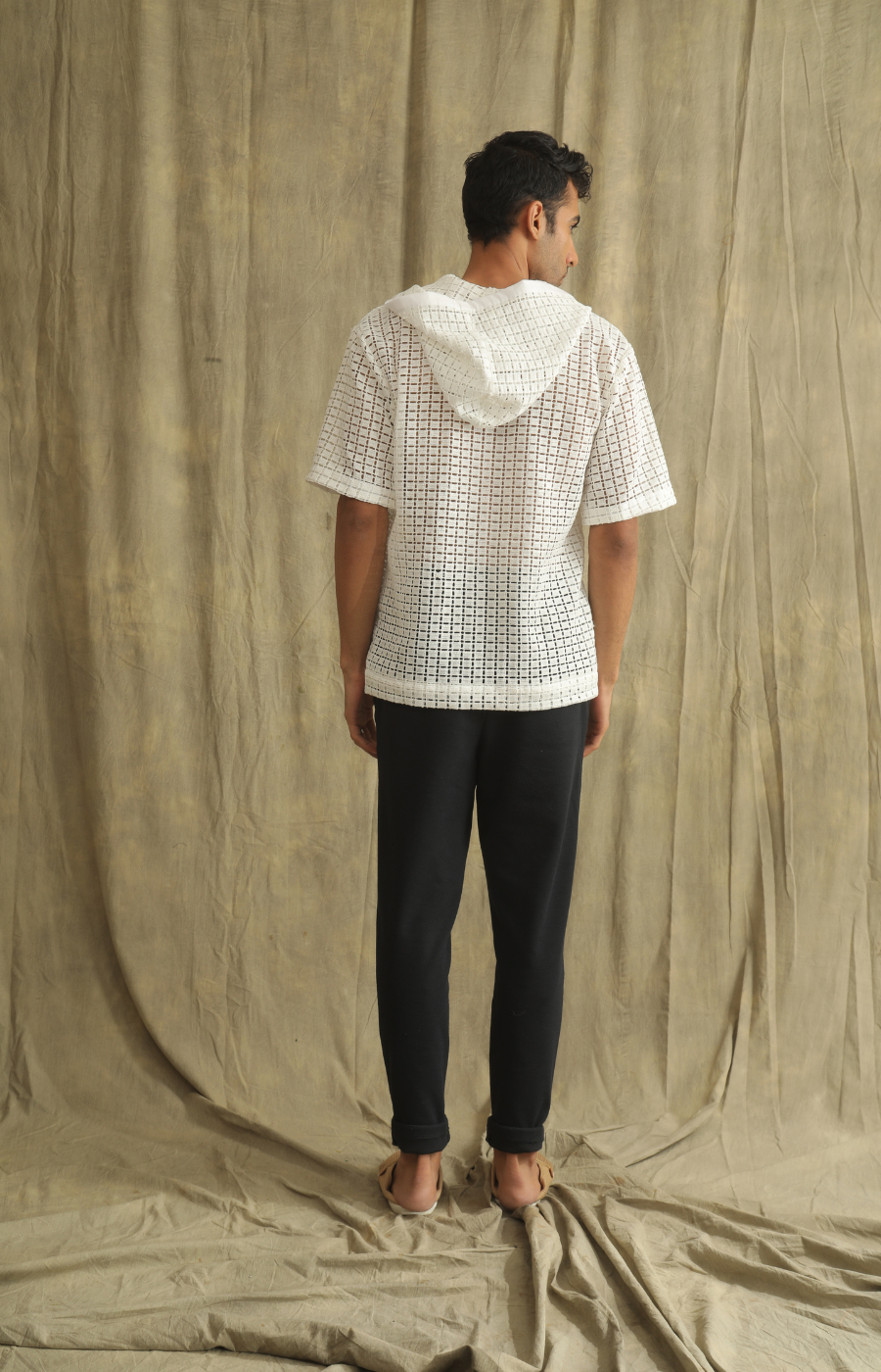 WHITE CROCHET KNIT HOODIE SHIRT