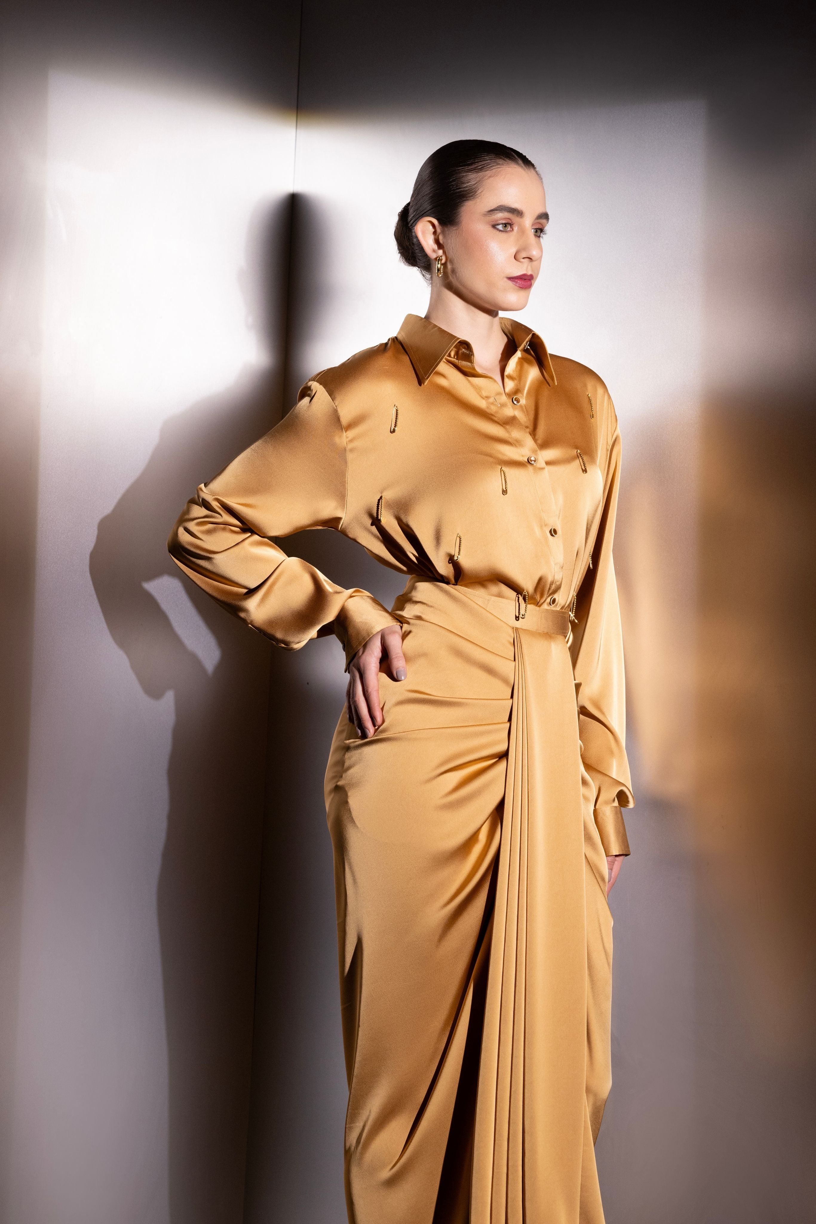 Aurelia Satin Shirt & Front-Pleat Skirt Set