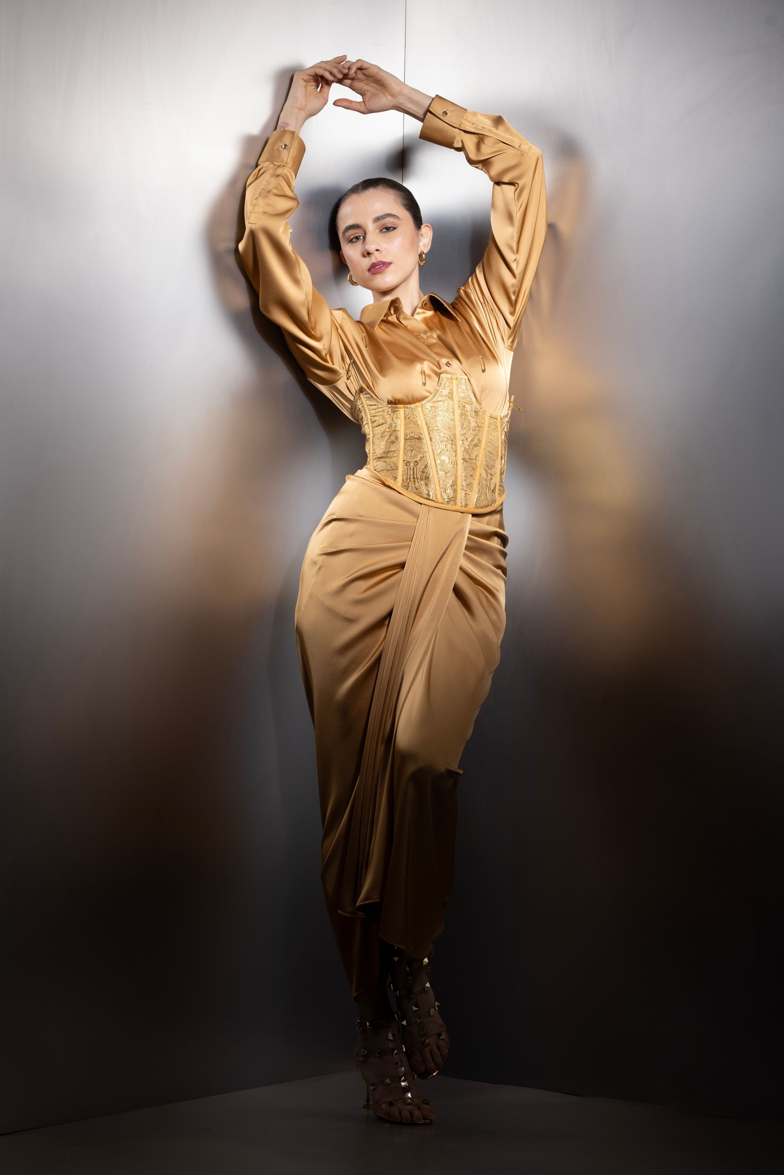 Aurelia Embellished Satin Shirt & Front-Pleat Skirt Set