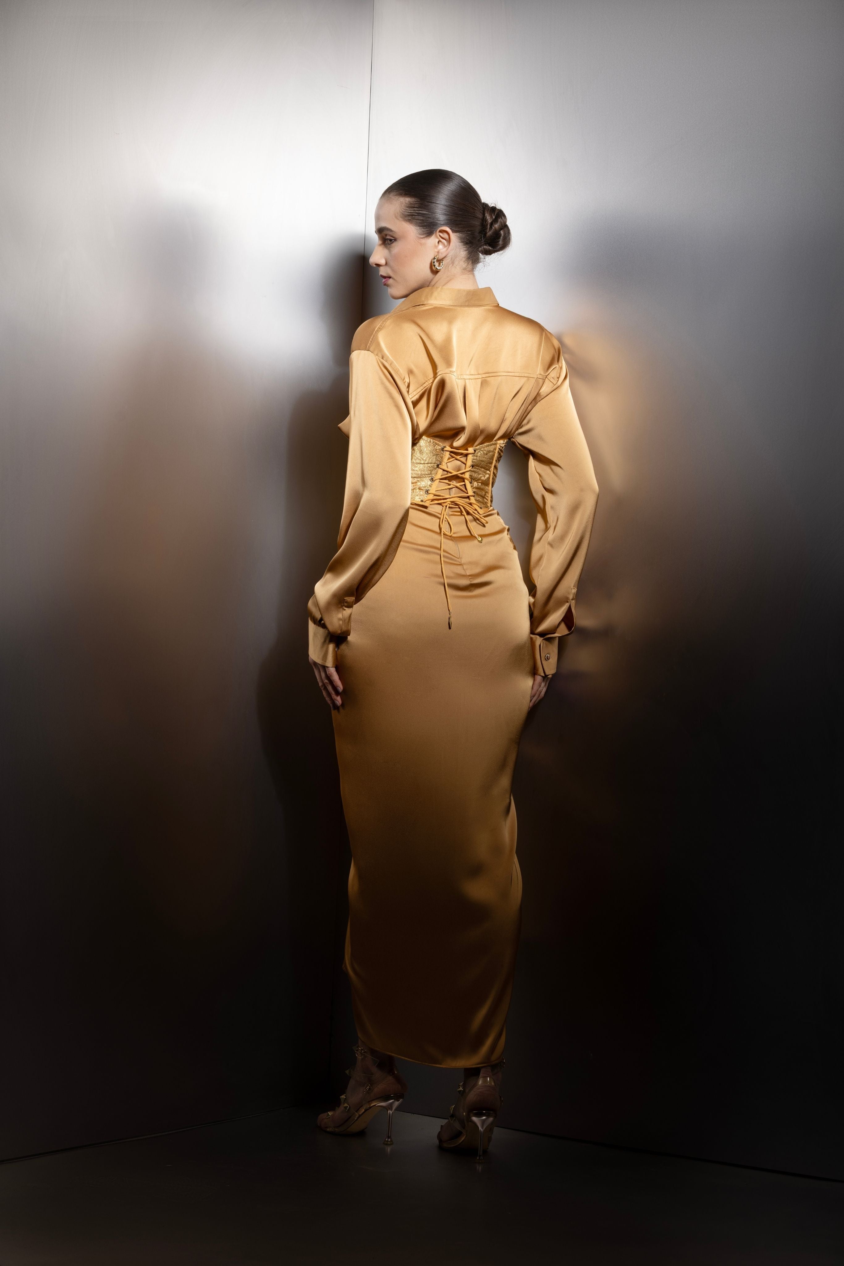 Aurelia Embellished Satin Shirt & Front-Pleat Skirt Set